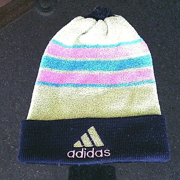 Adidas Hat Winter Beanie Cap Striped Toque Pom Pom Unisex Cold Weather Warm Ears - Picture 3 of 16